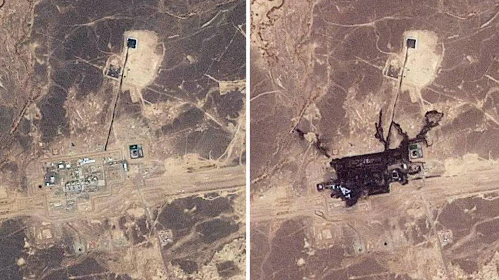 Satellite images show images of the area where the East-West pipeline was hit before (left) and after